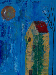 Sueño Abstracto: Casa y Sol en Paisaje Azul
