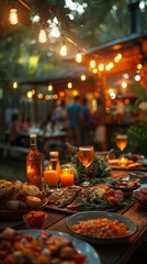 Wide shot of a table with food and drinks in front of a house. Family gathers for summer party © yevgeniya131988