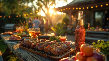 Wide shot of a table with food and drinks in front of a house. Family gathers for summer party