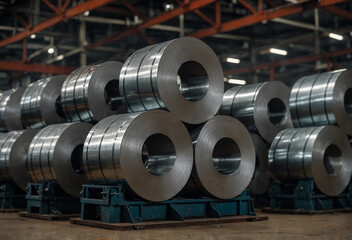 Rolls of metal sheet. Zinc, aluminium or steel sheet rolls on in factory.	
