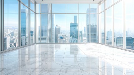 Fototapeta premium Modern Office Interior with Floor-to-Ceiling Windows Overlooking Cityscape. Apartment. Panoramic Glass Walls, Marble Flooring, Skyline View in High-Resolution Image Capturing Blue Sky and White Clouds