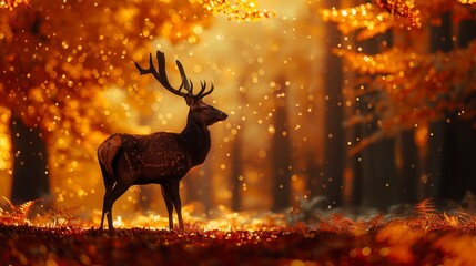 Deer silhouette with autumn forest scenery