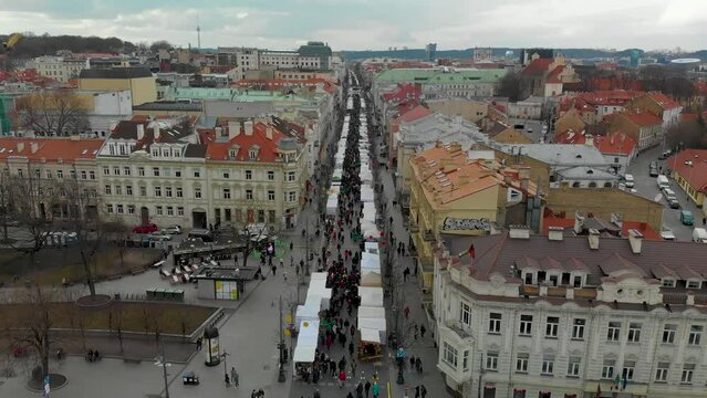 Aerial view of crowds attending Kaziuko muge or Kaziukas, traditional Easter market, annual crafts fair held every March on Old Town streets.