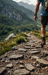Hiking in mountainous terrain.	