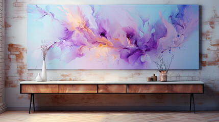 beautiful purple floral painting on  wall  in living room 