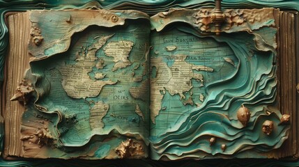 Vintage world map in an old book for travel or history themed designs