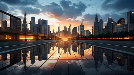 Obraz premium High view office building against sky in city center with reflective skyscrapers