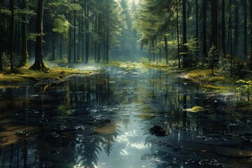 Obraz premium The forest and swamp, where puddles and moss intertwine to create a captivating natural tapestry.