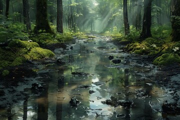 The forest and swamp, where puddles and moss intertwine to create a captivating natural tapestry.