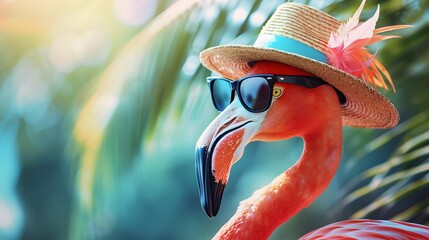 A flamingo wearing sunglasses and a hat
 - Powered by Adobe