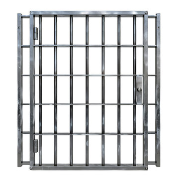 A metal prison cell door with bars