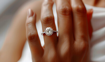hand of woman wearing diamond ring. Beautiful jewelry