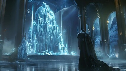 Mystical Ice Castle with Hooded Figure with Ai generated.
