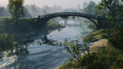 Fototapeta premium Wooden bridge over a river in a foggy morning for idyllic nature themed designs
