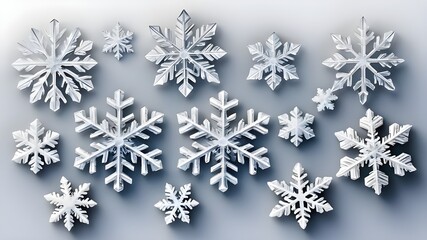 Set of different snowflakes isolated on white background. Macro photo of real snow crystals.
