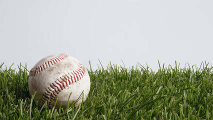 Baseball on Grass with White Background with Copy-Space
