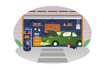 Repairing car in the garage vector illustration.