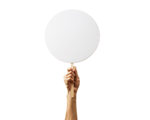 a hand holding up a blank circle sign on a PNG transparent background	