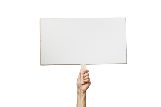 a hand holding up a blank sign on a PNG transparent background	
