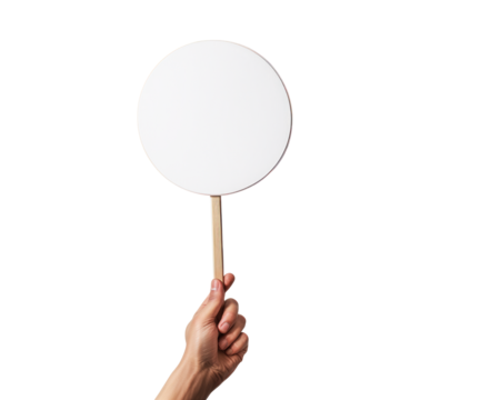 a hand holding up a blank circle sign on a PNG transparent background	