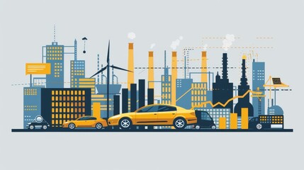 A city skyline with a yellow car in the middle. The car is surrounded by other cars and buildings