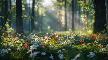 Fototapeta premium Natural dorest of woods with sunbeams through fog and leaves branch create mystic atmosphere. sunny morning in green forest