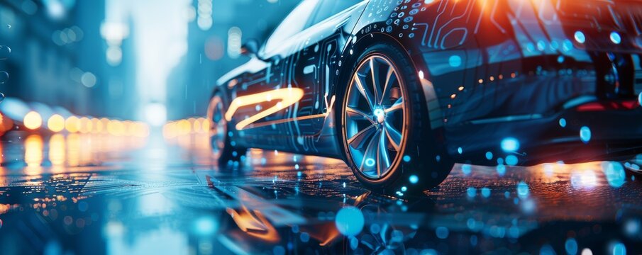 A car is shown in a city street with a reflection of the car in the water. Scene is mysterious and surreal