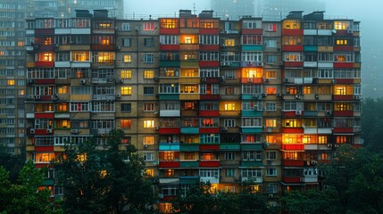 Brightly colored city buildings with lights on. 