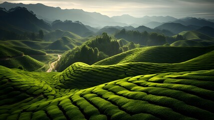 Lush green tea plantation in a mountainous landscape with rolling hills and a serene ambiance. - Powered by Adobe