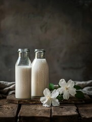 Close up of two glass bottles with milk on a wooden table against a dark background