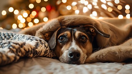 A dog hiding under the blanket, looking scared with fireworks in background, cinematic.