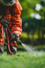 A man in an orange jumpsuit is spraying a lawn with a hose