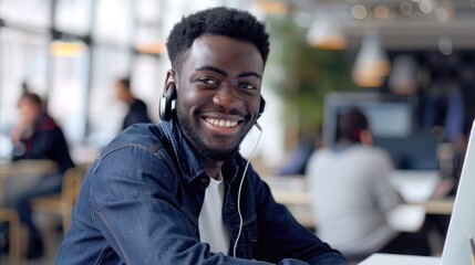 Obraz premium Smiling Young Man with Headphones in a Modern Workspace