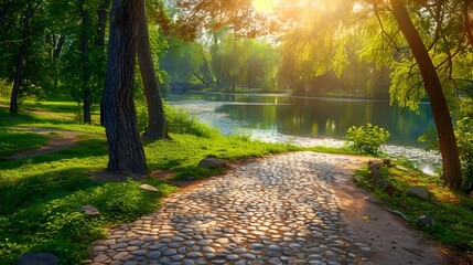 Beautiful colorful summer spring natural landscape with a lake in Park surrounded by green foliage of trees in sunlight and stone path in foreground.