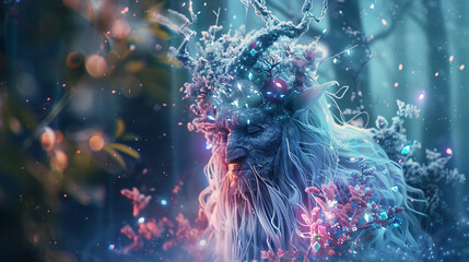 Beautiful, colorful white giants in a magical forest with glowing lights and crystals.