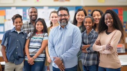 Diverse group of students with teacher in classroom. AIG535