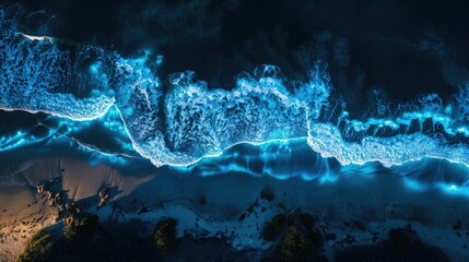 An electric blue wave crashing on a beach at night, creating a captivating natural landscape in the darkness with the mountain range in the background AIG50 - Powered by Adobe