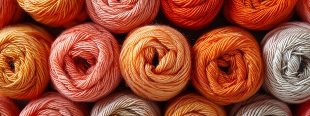 Macro shot of lots of beautiful orange yarn arranged together.