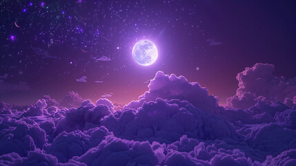 Fototapeta premium Dark blue night dreamy moon sky clouds, beautiful healing illustration