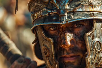 Obraz premium A highly detailed image of a rugged Roman gladiator with intense eyes, showcasing a weathered helmet with intricate designs, under the harsh sunlight revealing sweat and grime