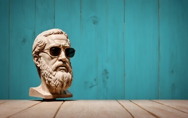 Greek Stoic Bust in vintage sunglasses with wooden Background Highlighting Stoicism Philosophy