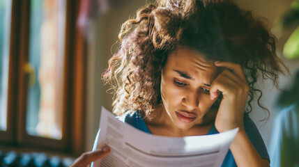 Fototapeta premium Stressed Young Brunette Woman with Curly Hair Reading Bill Papers at Home, Facing Financial Challenges and Personal Budgeting Issues