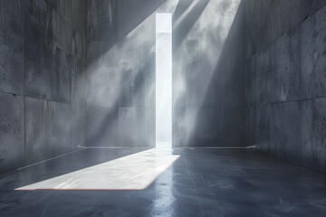 The Veil of Light: A Serene and Poetic Vision through a Futuristic Concrete Space with Rays of Light Piercing the Shadows
