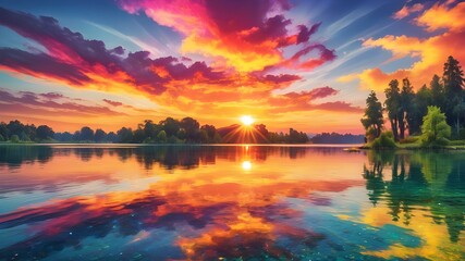 Fototapeta premium An image of a vibrant sunset over a serene lake, with colorful reflections shimmering on the water