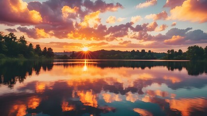 An image of a vibrant sunset over a serene lake, with colorful reflections shimmering on the water