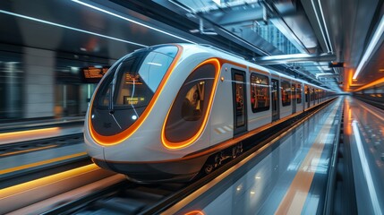 Fototapeta premium Modern metro train arriving at a station platform, blending sleek design with urban convenience.