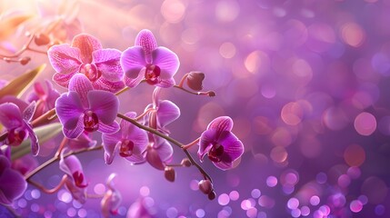 A purple orchid on a purple background with blurred additional orchids.