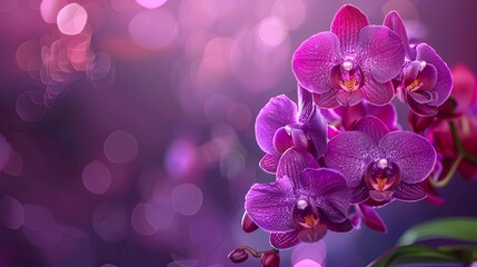 A purple orchid on a purple background with blurred additional orchids.