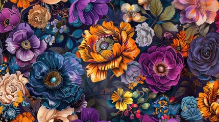 Beautiful Flowers in Digital Print Textile Design with Hand Drawn Motifs