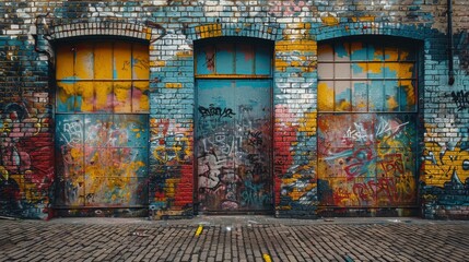 An old brick wall in a city covered with layers of graffiti and street art.  © Elle Arden 